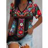 T-shirt Women Summer Floral Printing V-neck Short Sleeve Ethnic Style Women's Tshirts