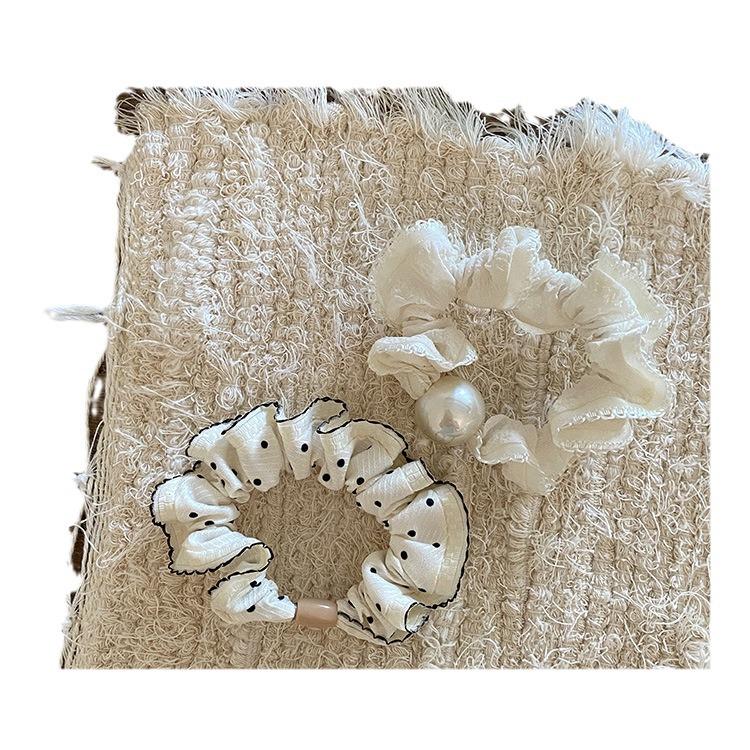 Корейская черно-белая резинка-скранчи в горошек с жемчугом - Универсальная, высокоэластичная резинка для волос