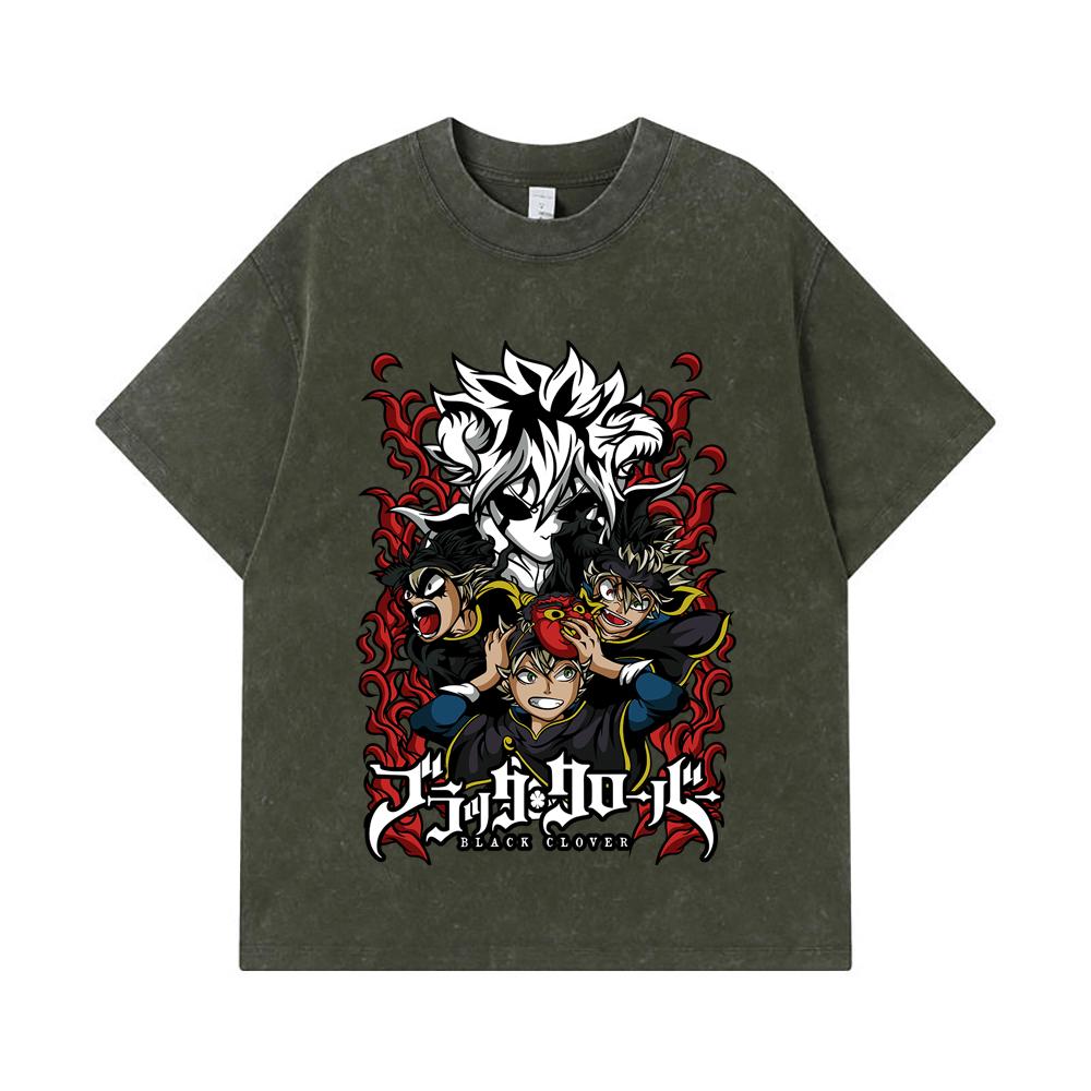 275 GSM Washed T-shirts 100% Cotton Black Clover V9 Print Unisex Heavy Cotton T Shirt