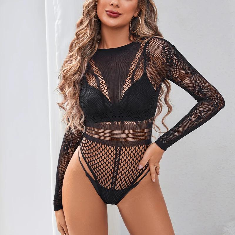 Прозрачное длинное рукав сексуальное женское нижнее белье эротическое полое нижнее белье боди пижама экзотическая одежда стринги боди костюм для женщин