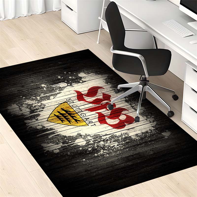 VfB Stuttgart Wood Grain Grunge Crest Area Rug, Non Slip Black Floor Mat for Living Room Bedroom Soccer Fan Decor
