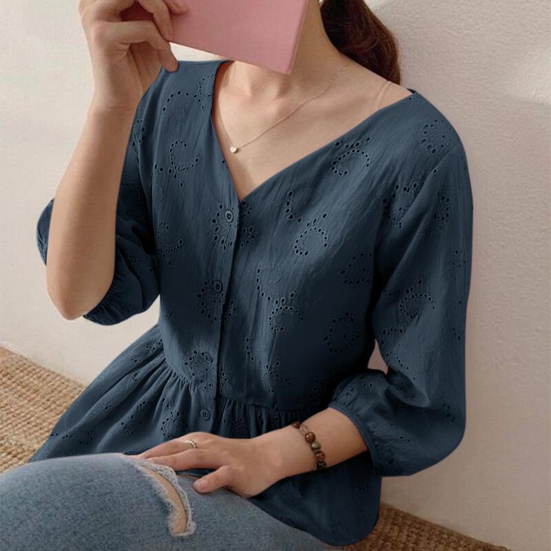ZANZEA Женские летние кружевные рубашки с V-образным вырезом и рукавом-фонариком 3/4