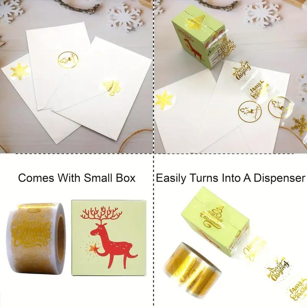 500 шт. Рождественские наклейки, этикетки, рулон, круглые рождественские бирки, золотая фольга, наклейки на конверты с Рождеством для открыток, подарков, украшений для рождественской вечеринки
