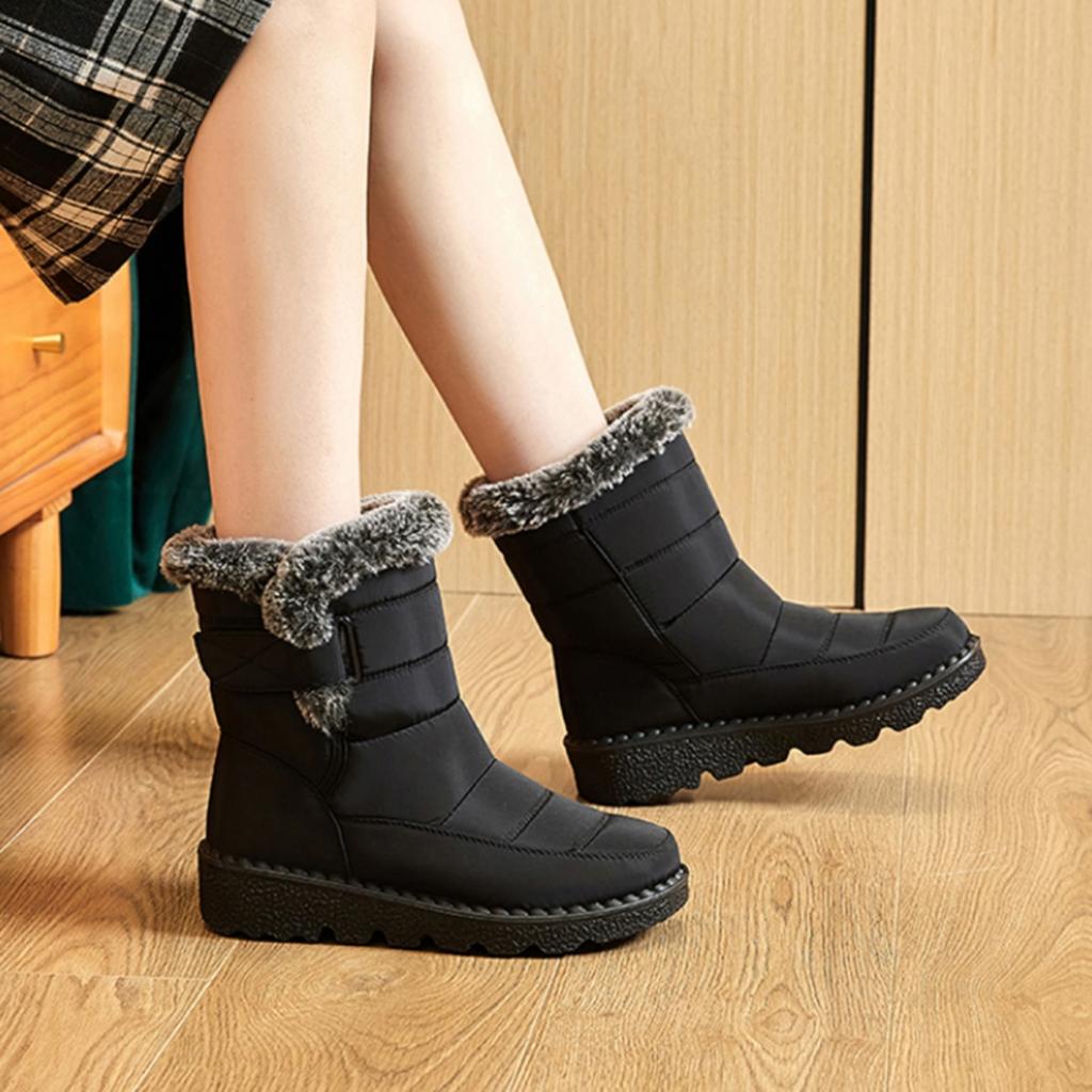 Women's Plush Winter Boots - Warm Lined Ankle Boots with Button Closure, Low Platform and Non Slip Sole, Casual Winter Shoes