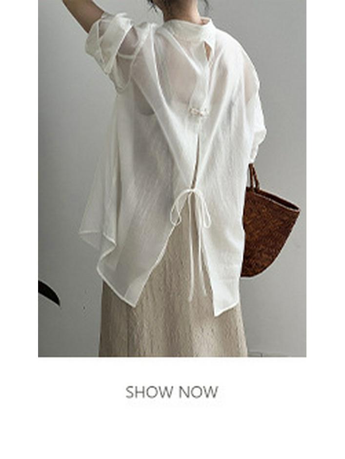 Женская рубашка Yanshuang в корейском стиле из тенселя без рукавов с воротником-стойкой, завязкой на талии и разрезом - лето 2024 г.