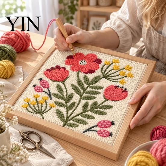 Wooden Picture Frame Included Floral Punch Needle Embroidery Kit with Frame, DIY Flower Art, Easy Set Tools Linen Fabric Starter Craft for Beginners,
