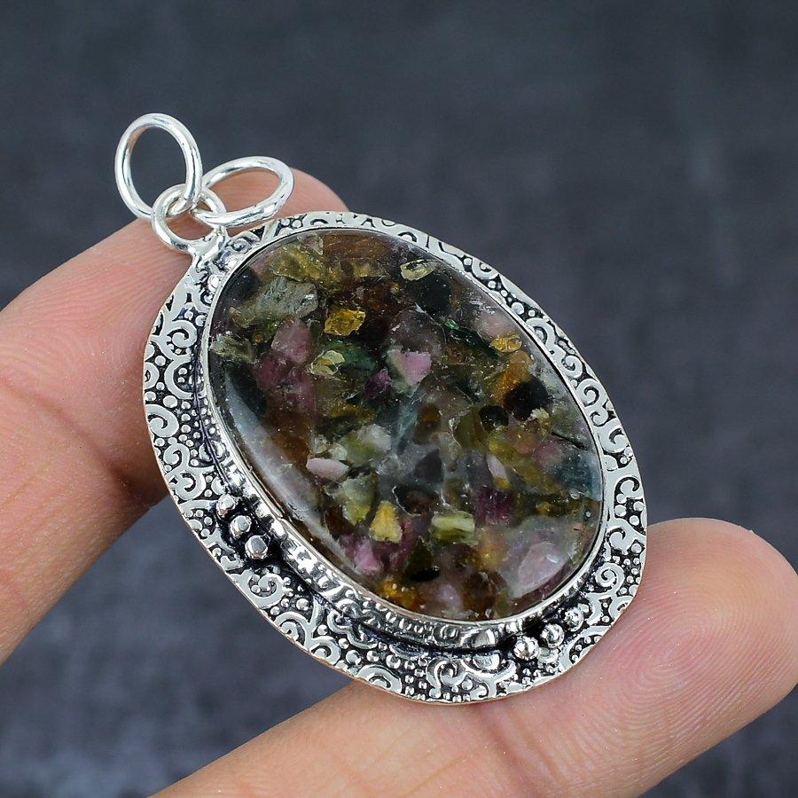 Natural Watermelon Tourmaline 925 Sterling Silver Jewelry Pendant 2.17" n4B16