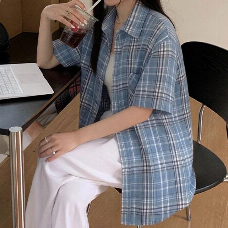American Retro Plaid Short-sleeved Shirt Women's Summer Casual Loose and Thin Versatile Lazy Top Jacket Short Sleeve Shirt Oversized Casual Summer
