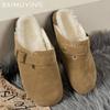 Замшевые женские туфли на плоской подошве из хлопка, короткие плюшевые дизайнерские повседневные мюли с пряжкой, тренд 2025 года, зимние теплые зимние туфли для ходьбы, женские туфли