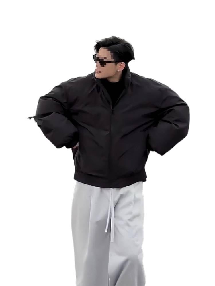 Men's American Rebellious Black Bomber Down Coat - Loose Fit Short Workwear Jacket