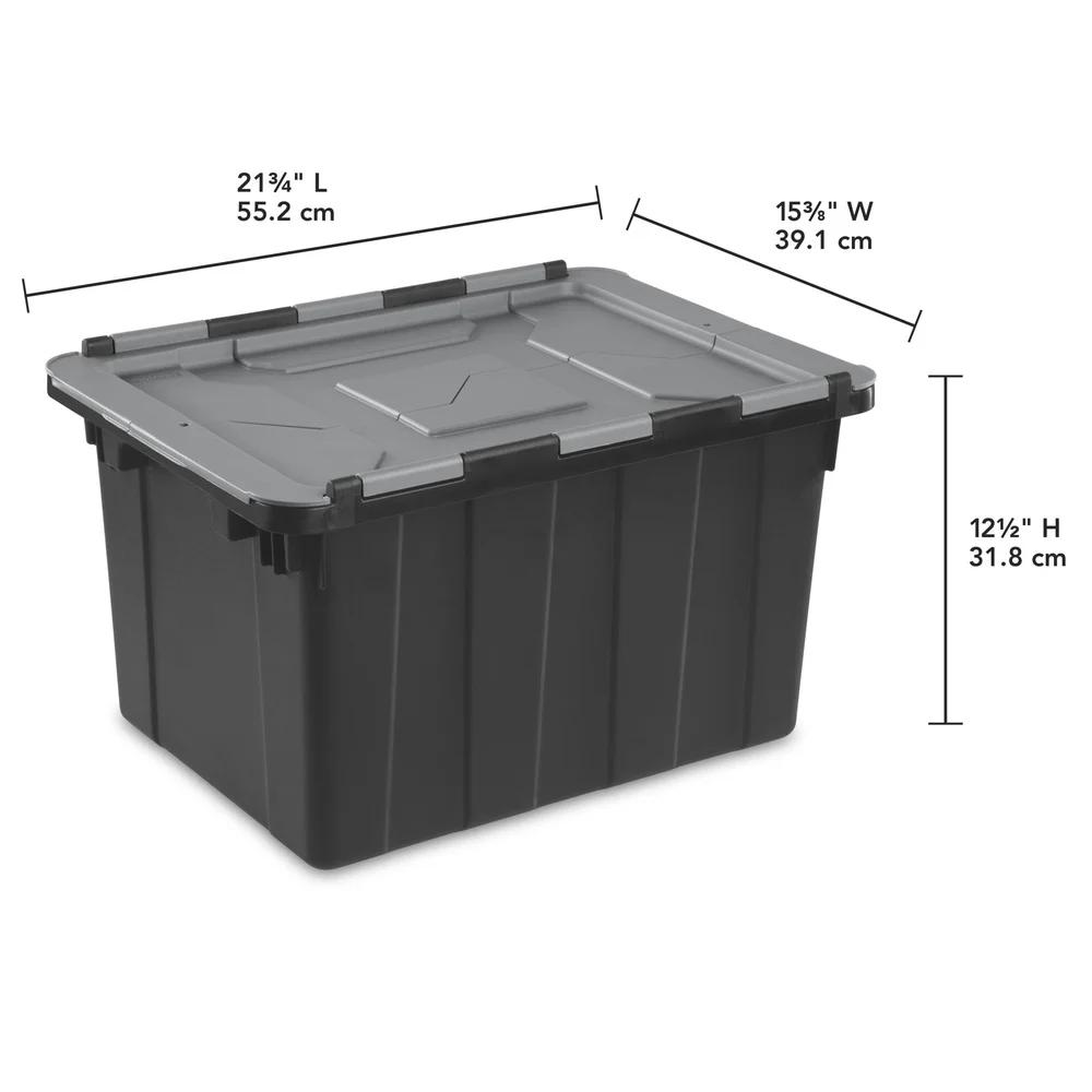 12 Gallon Industrial Tote Heavy Duty Hinged Lid Storage Container Stackable with Handles Zip Tie Access Garage Basement
