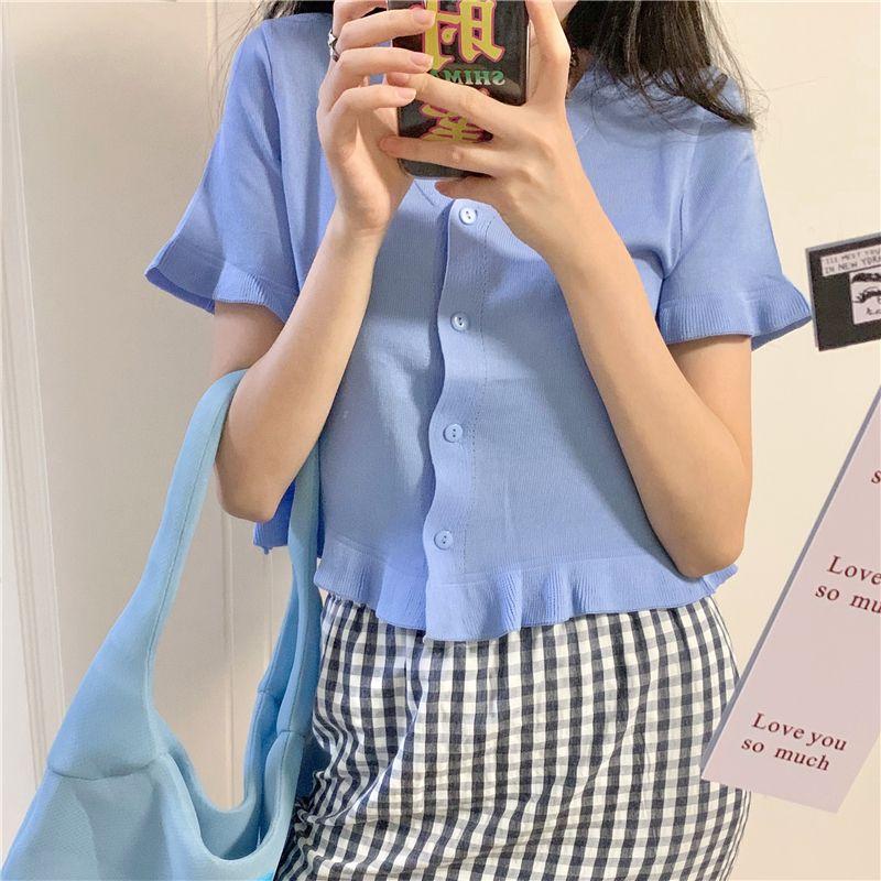 Spring Clothing Korean Version V-neck Lace Short Sleeved Knitted Sweater for Women, Slim Fit Short Cardigan Top for Outerwear