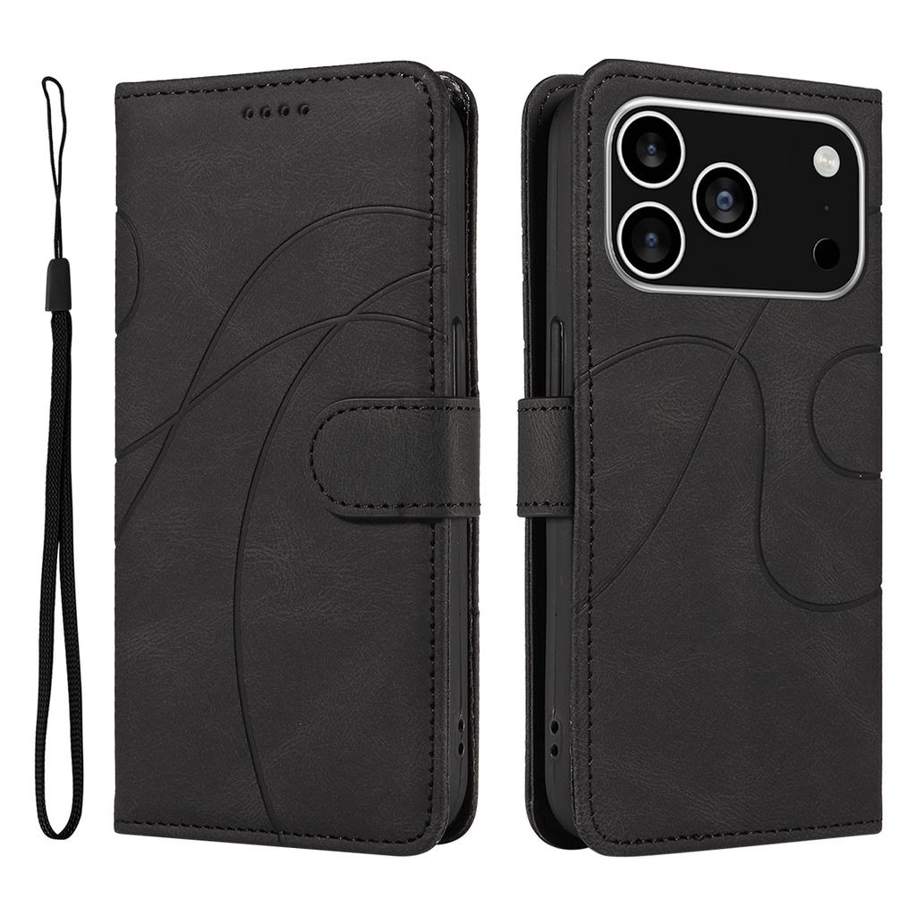 For iPhone 17 Pro Wallet Case Leather Phone Cover Stand with Curved Line Design