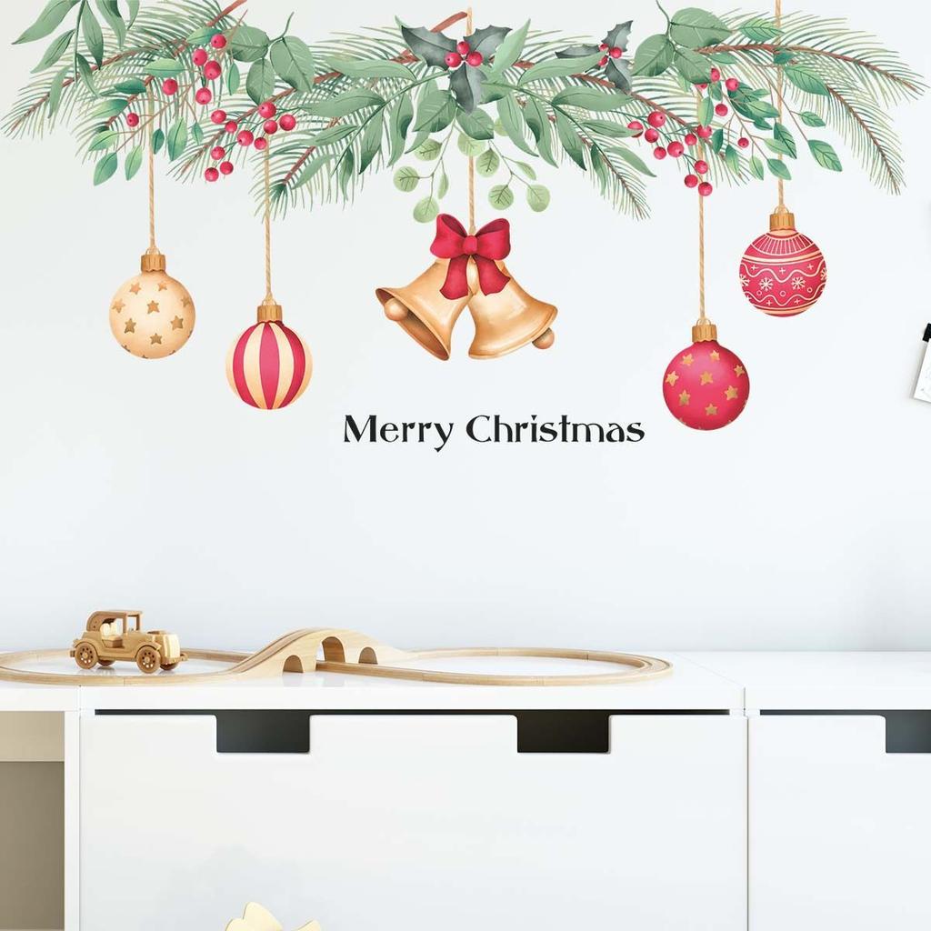 Sofa Background Home Decoration Red Berries Green Plant Branch Window Mural Merry Christmas Wall Stickers Bells Balls Decal
