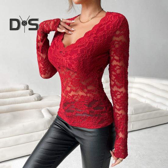 Женские топы, однотонная рубашка с V-образным вырезом и длинным рукавом, прозрачная вышитая кружевная повседневная рубашка с цветочным узором