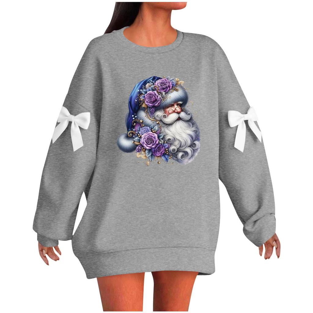 Ladies' Christmas Printed Bow Round Neck Long Sleeved Loose Pullover Sweater Sweatshirt Top