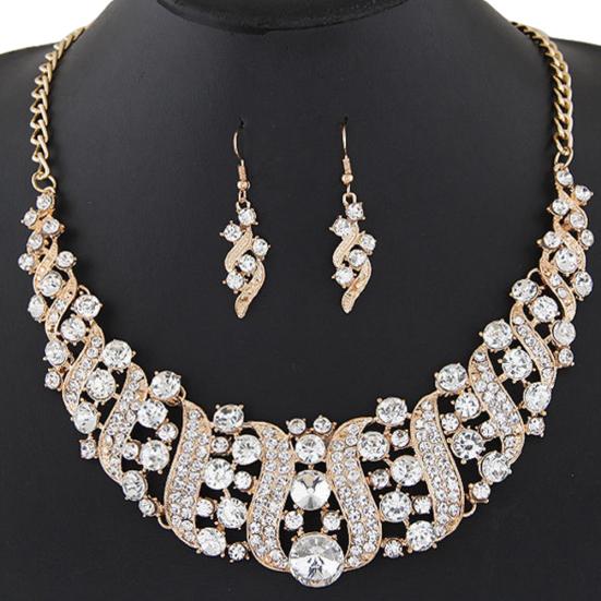 Women Rhinestone Spiral Bib Necklace Hook Earrings Statement Party Jewelry Set