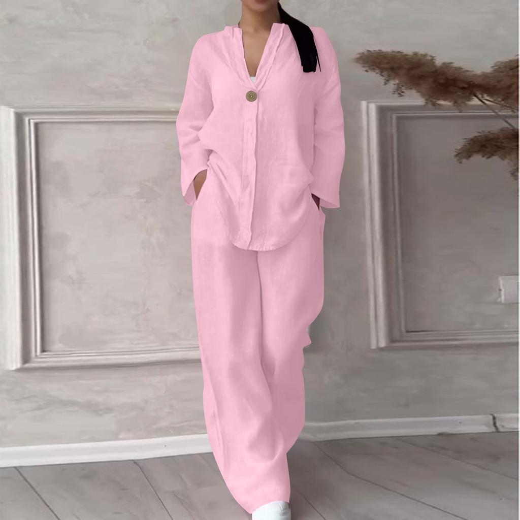 Женский пуловер с круглым вырезом и v-образным вырезом, повседневные длинные брюки из хлопка и льна с длинными рукавами, модный костюм