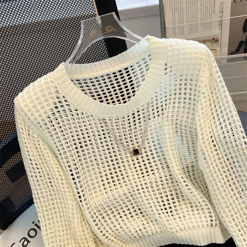 Spring/Summer Design Knitted Shirt Women's Hollow High End Striped Hollow Knitted Shirt Top Outerwear