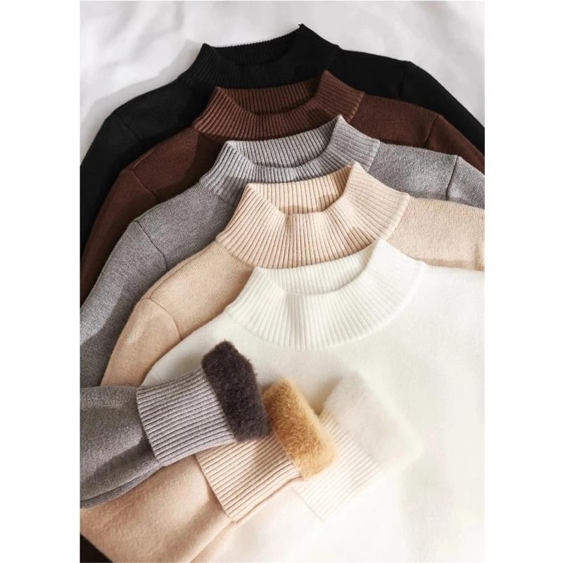 Женский теплый тонкий свитер с полуворотом, корейский утолщенный плюшевый флисовый подклад, трикотажный пуловер, зимний повседневный трикотаж, мягкий, хлопковый