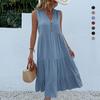 GMXIA Summer Sleeveless Pleated Skirt Loose V-neck Midlength Dress