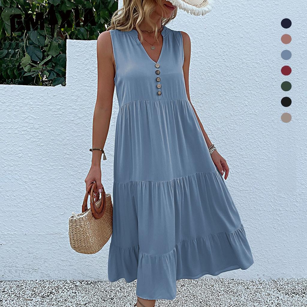 GMXIA Summer Sleeveless Pleated Skirt Loose V-neck Midlength Dress