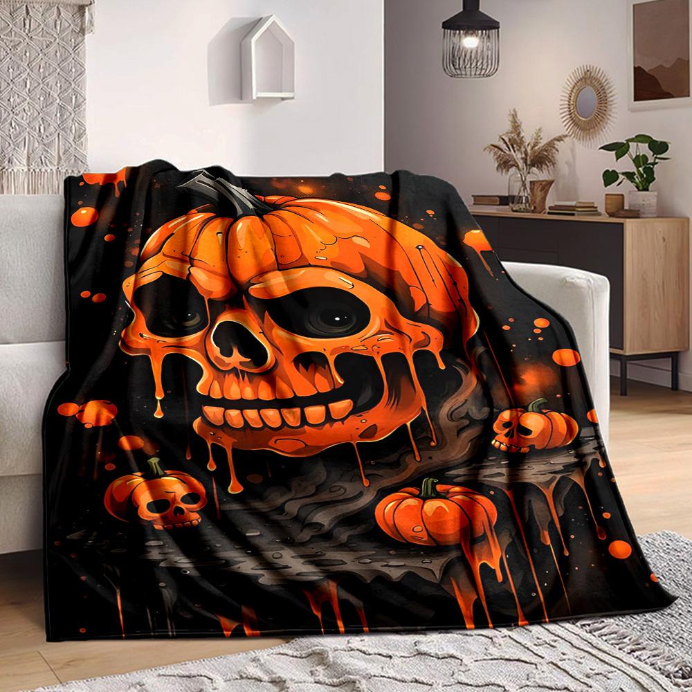 1pc Pumpkin Skull Print Blanket Lightweight Flannel Throw Blanket For Sofa, Bed, Living Room, Office, Outdoor Travel, Camping