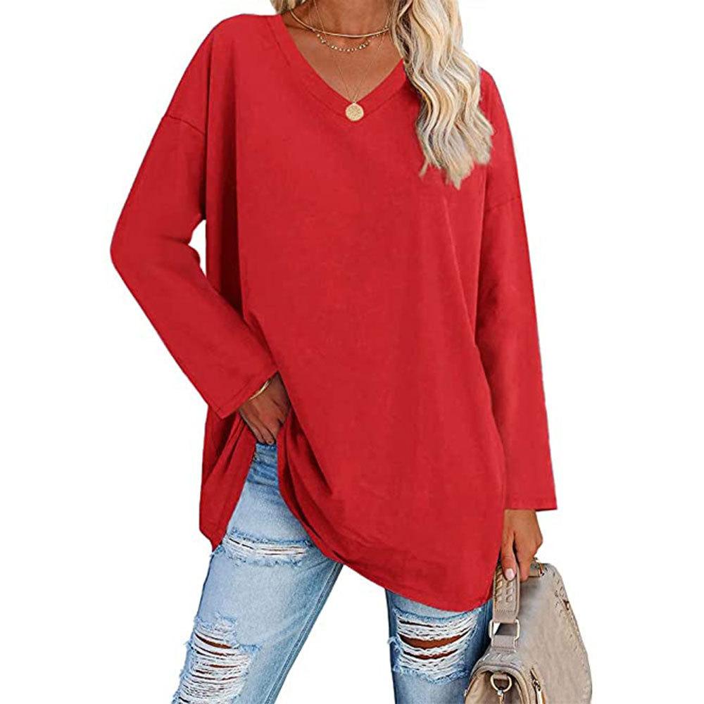 Spring and Autumn Ladies Blouse Long Sleeve Multicolor Loose Drop Shoulder Sleeve V-neck Solid Color Female Tops
