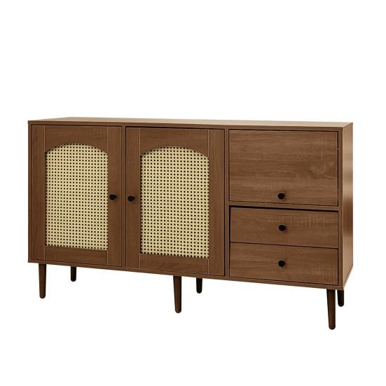 Tea Cabinet Country Style Sideboard with Rattan Doors, 130 x 75.5 Pantry 40cm Magnetic Lock, Adjustable Shelves, Sturdy Structure, Versatile