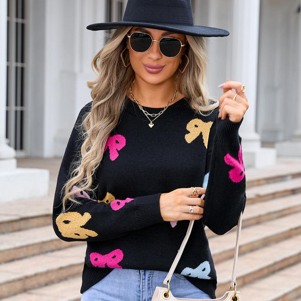 Осенне-зимний женский свитер с бантом, круглый вырез, длинный рукав, вязаный свитер