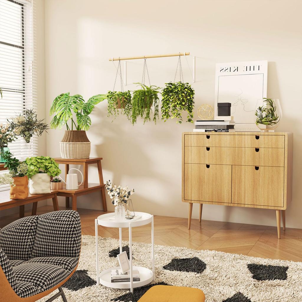 IBUYKE Деревянная вешалка 80см Труба Одежда Легкая 30кг Вес Многоцелевая Подвесная Стильная Белая с Деревянной отделкой Стойка, Широкая, Стойка в Антикварном стиле,