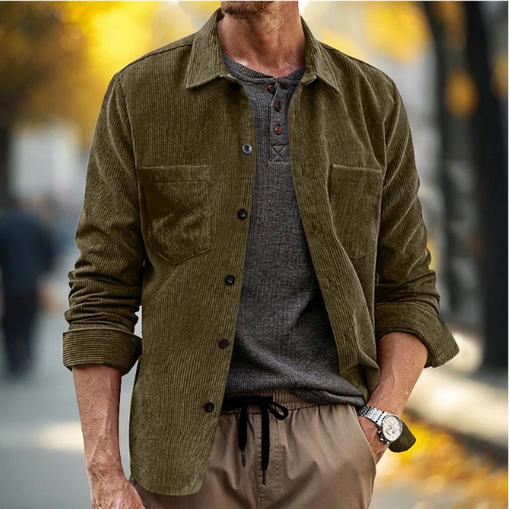 Men's Casual -color Corduroy Button Shirt, Men's Lapel Long-sleeved Trendy Loose Shirt
