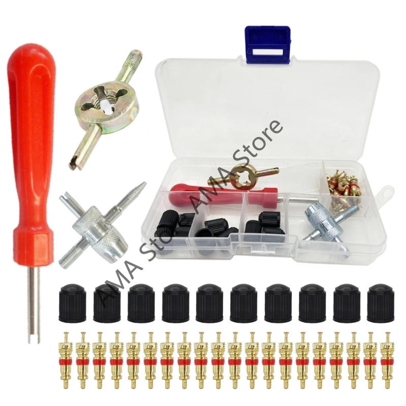 X7JF 33Pcs Universal Valves Stem Cores Tool Steel Shafts Plastic Grip Tire Repair set