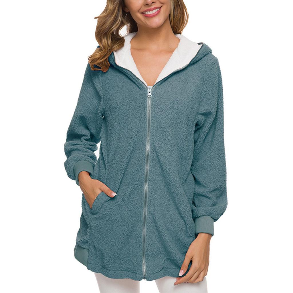 Женская мода повседневная однотонная куртка с капюшоном на молнии из овечьей шерсти кардиган свитер