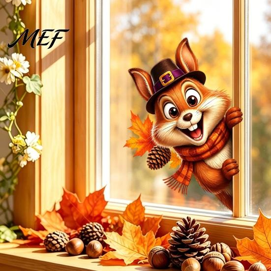 Reusable Harvest Glass Clings Thanksgiving Window Sticker, Static Cling Fall Decal, Removable Decorative PVC Film Cute Animal Sticker for Autumn