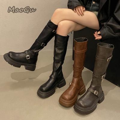 Коричневые длинные сапоги для женщин Осень Зима Новые на толстой подошве Сапоги-ботфорты до колена Сапоги-рыцари на высоком каблуке Нескользящие Bottes Femmes Размер 35-40