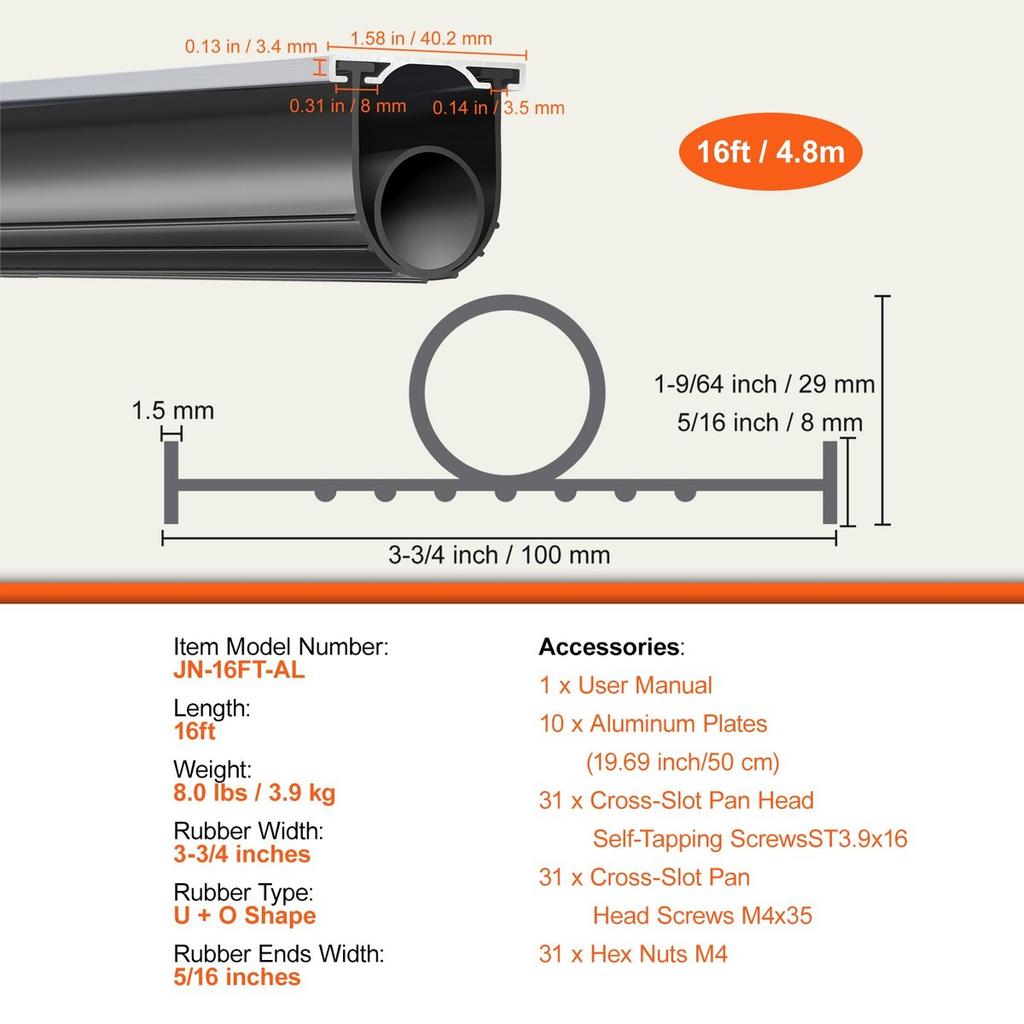 Garage Door Seals Bottom Rubber, U Shape +O Ring Garage Door Bottom Weather Seal with Pre-drilled Aluminum Track Retainer Kit, 16ft 5/16 inch T-ends
