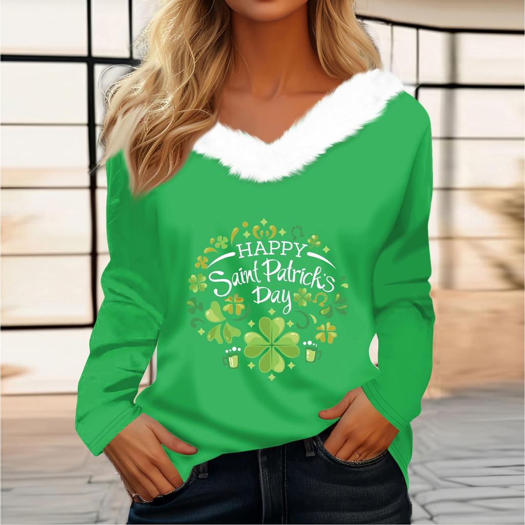 Женская футболка St. Рубашка с принтом Патрика, длинный рукав, праздничная атмосфера, флисовый воротник, топ с V-образным вырезом