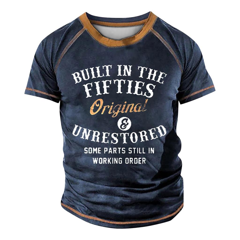 Мужская футболка реглан в стиле ретро с коротким рукавом и круглым вырезом с буквенным принтом, топы