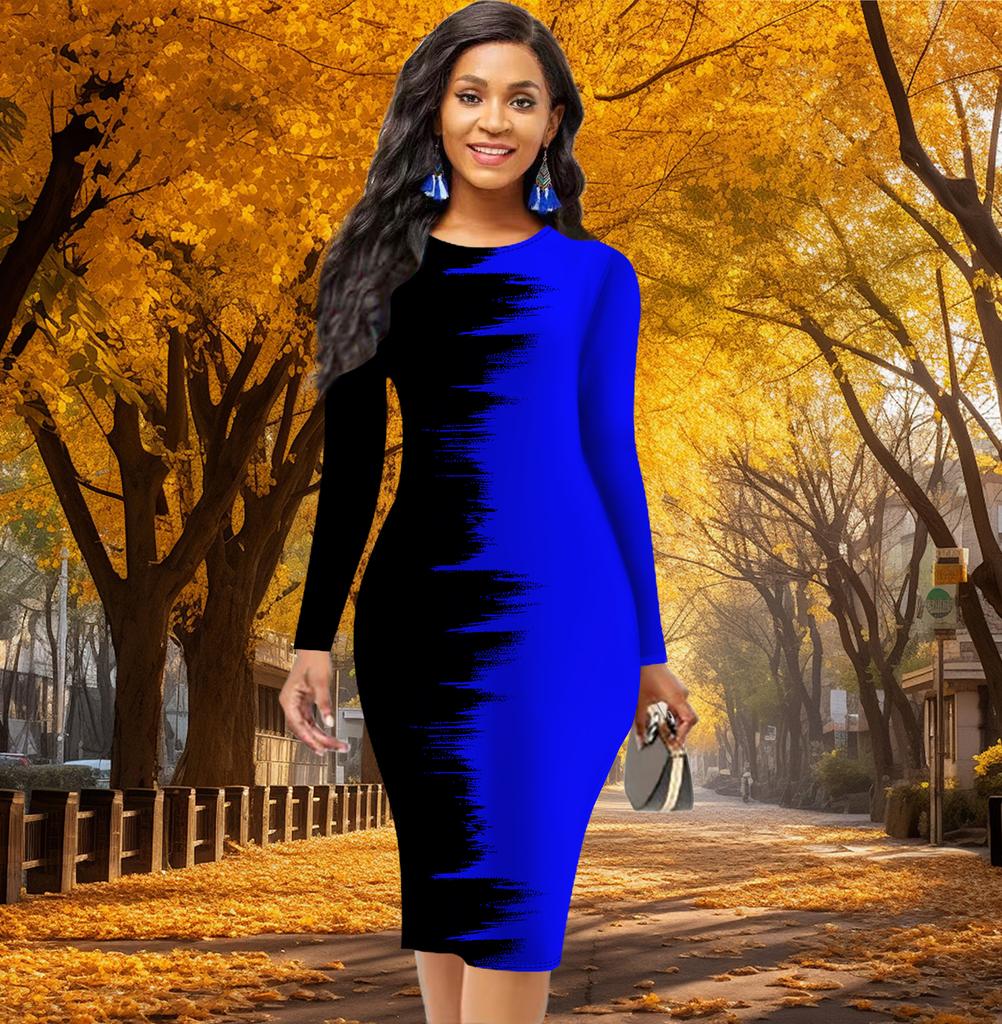 Длинный рукав, облегающее, офисное, облегающее, двухцветное, с принтом, элегантное, облегающее платье