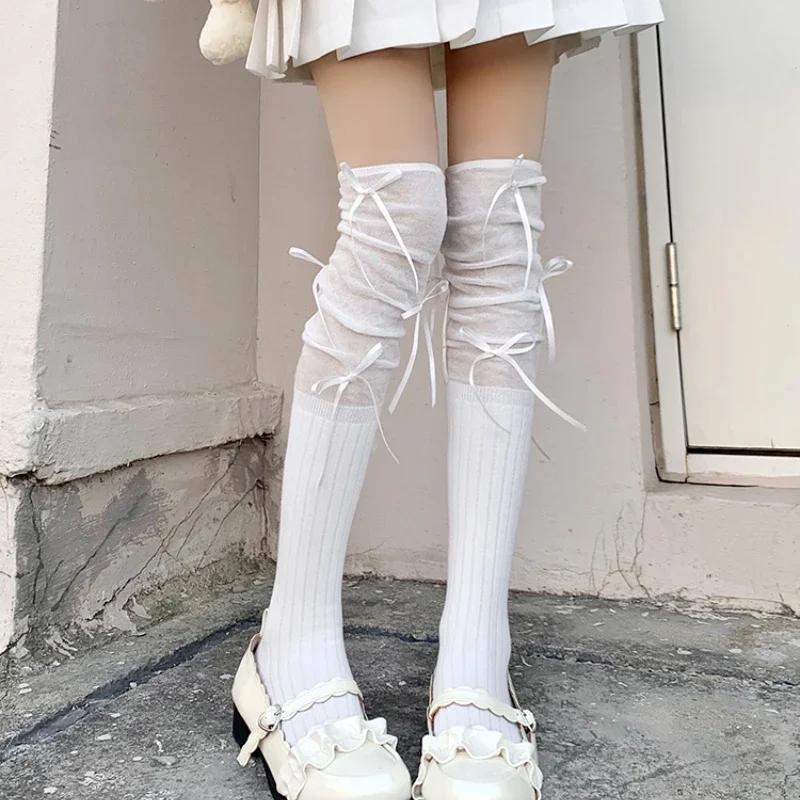 Lolita Long Socks Women Bandage Ribbon Bow Sweet Girls Kawaii Sexy Middle Tube Socks Ballet Style Solid Color Black White Socks