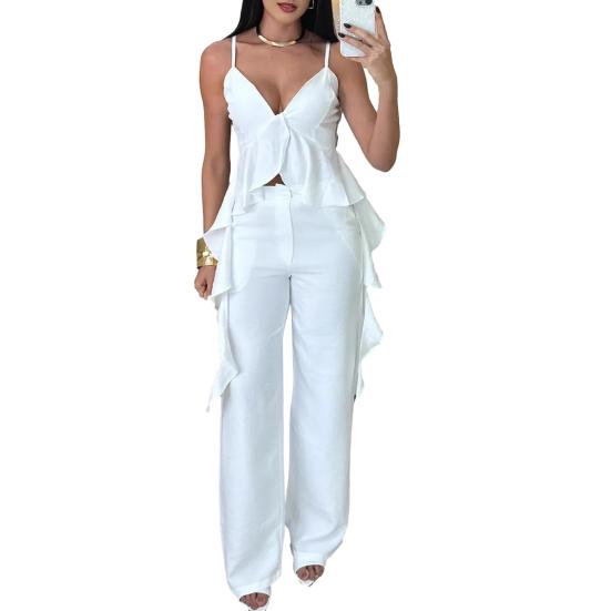 Женский топ с V-образным вырезом и брюками, топ на бретельках с оборками и прямые брюки, дышащий деловой костюм, летний повседневный наряд для офиса, вечеринки, улицы