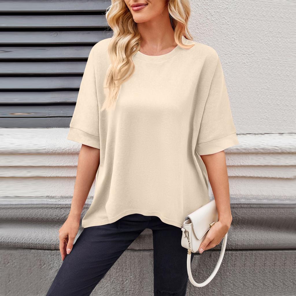 Women's Round Neck Solid Color Casual Loose Short Sleeve T-shirt Top