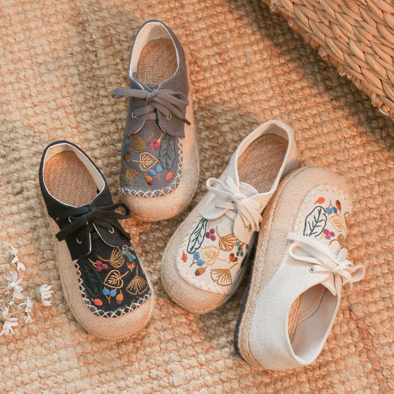 Johnature Cotton Linen Flats Women Shoes Lace-up Spring Round Toe Embroider Concise Comfortable Handmade Ladies Shoes