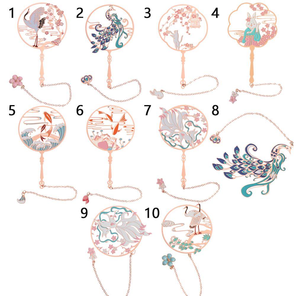 Chinese Style Koi Pendant Peacock Tassel Brass Bookmark Group Fan Shape Book Clip Pagination Mark