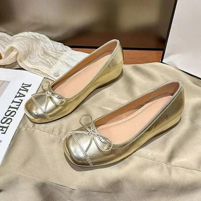 Fashion 2025 New Gold Silver Elegant Bowknot Round Toe Women's Flat Comfort Slip-On Ladies Ballerina Single Mules Shoes Zapatos Mujer