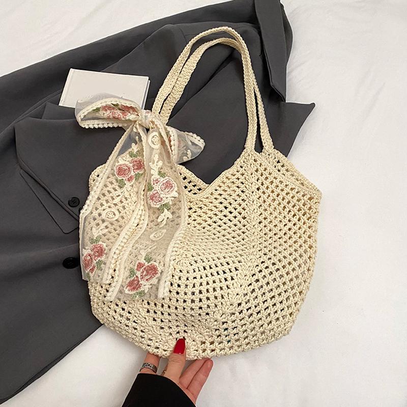 Solid Color Crochet Tote Handbag Summer Beach Scarf Decor Fashion Women's Mesh Woven Shoulder Bags Large Capacity Knitting Underarm Bag CLE