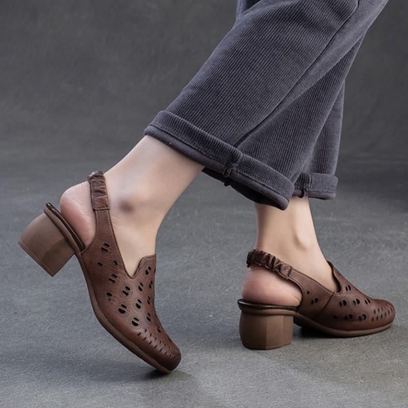 Johnature Round Toe Hollow-out Breathable Thick Heel Sandals Retro Versatile Commuting Women's Shoes