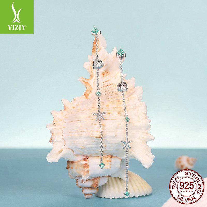 Green Starfish Ocean Wind Stud Earrings Female, Long Advanced Sense S925 Silver Fringed Earrings
