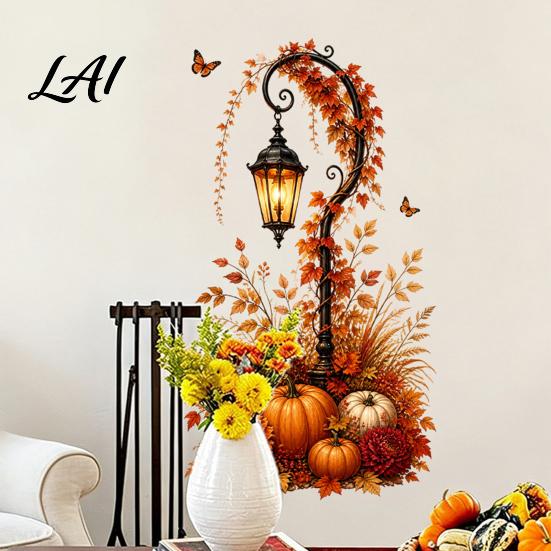 Holiday Glass Door Decals Autumn Pumpkin Street Lamp & Maple Leaves Wall Sticker Waterproof PVC Fall Harvest Vinyl Stickers Decal Decorative